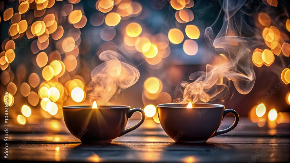 Cups and Smoke Silhouettes with Bokeh Effect for Cozy Atmosphere Cups and Smoke Silhouettes with Bokeh Effect for Cozy Atmosphere