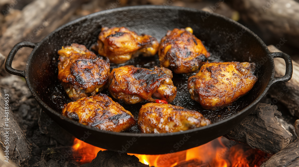 Grilled chicken thighs cooking on open flame in outdoors cast iron skillet Grilled chicken thighs cooking on open flame in outdoors cast iron skillet