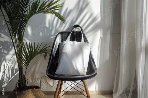 Mockup of a blank tote bag draped over a chair in a stylish modern apartment, ideal for showcasing