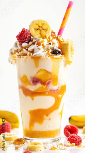 Topping fruit banana glass of milk milkshake yoghurt smoothie with copy text space background.