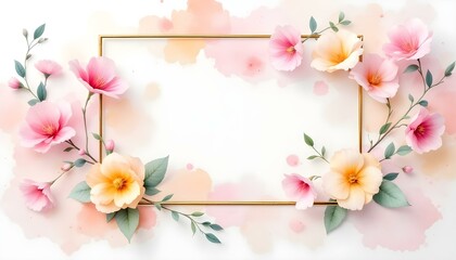 Watercolor square floral frame with golden geometric shape. Watercolor pink flower background with golden frame. Luxury minimal style wallpaper with golden line art flower frame for text