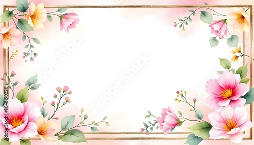 Watercolor square floral frame with golden geometric shape. Watercolor pink flower background with golden frame. Luxury minimal style wallpaper with golden line art flower frame for text