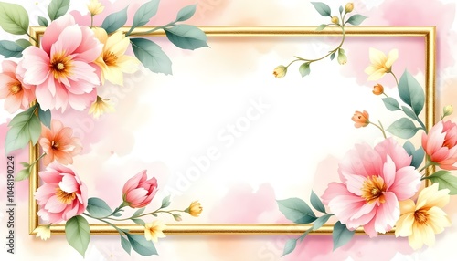 Watercolor square floral frame with golden geometric shape. Watercolor pink flower background with golden frame. Luxury minimal style wallpaper with golden line art flower frame for text