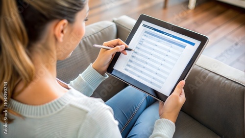 Woman Filling Survey Form On Digital Tablet photo