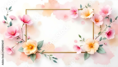 Watercolor square floral frame with golden geometric shape. Watercolor pink flower background with golden frame. Luxury minimal style wallpaper with golden line art flower frame for text