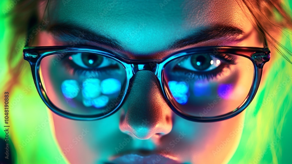 Close up of a woman's face with glasses and colorful lights reflecting in the lenses. Close up of a woman's face with glasses and colorful lights reflecting in the lenses.