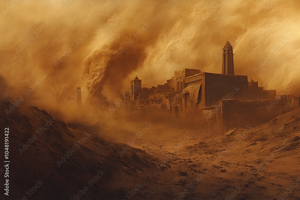 Fototapeta premium Approaching Thar Desert Dust Storm Sweeping Over Remote Desert Oasis with Dramatic Chiaroscuro Lighting