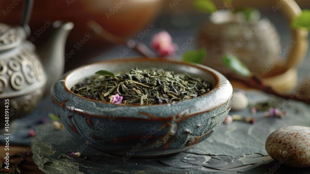 Green Tea Leaves in a Ceramic Bowl Green Tea Leaves in a Ceramic Bowl