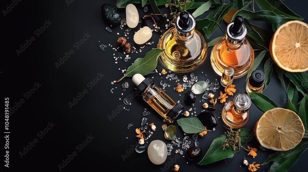 A close-up of a diffuser , with essential oil bottles and natural elements like stones and leaves displayed artistically on a clear black background. A close-up of a diffuser , with essential oil bottles and natural elements like stones and leaves displayed artistically on a clear black background.