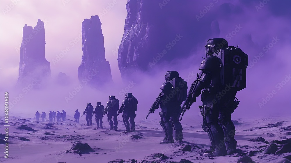 Fototapeta premium Futuristic Soldiers in Rigid Formation on Desolate Alien Planet with Hazy Purple Sky and Jagged Rock Formations