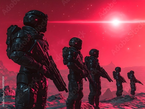 Cybernetically Enhanced Soldiers in Exo Suits on Barren Alien Landscape with Binary Stars photo