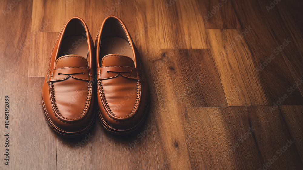 Elegant leather loafers on hardwood floor with subtle lighting Elegant leather loafers on hardwood floor with subtle lighting