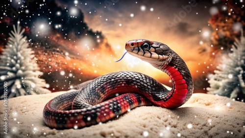 Cute Snake in Snow: A Silhouette of 2025 Year Symbol Enjoying Winter Night with Falling Snowflakes