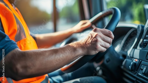 Closeup of a truck driver's hands on the steering wheel.