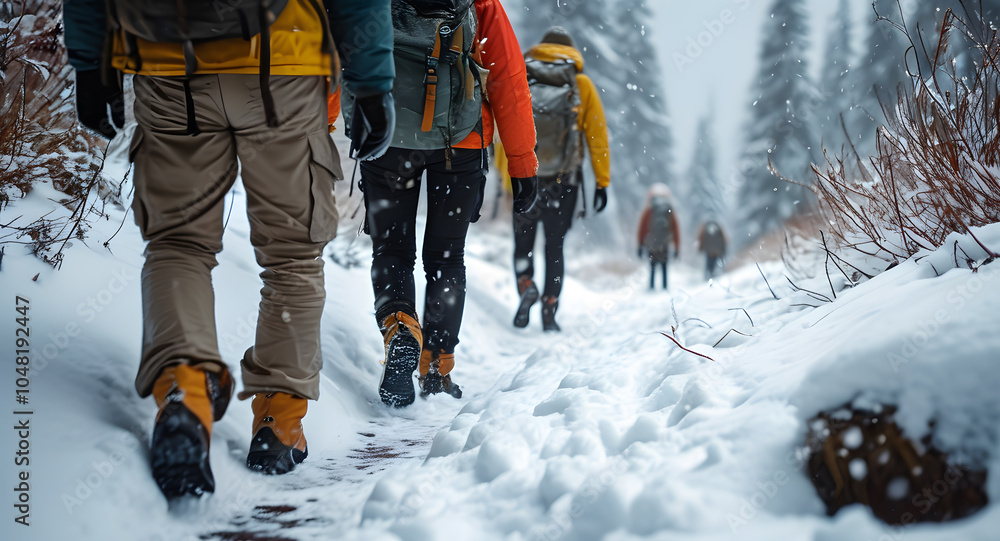 A group of tourists is moving along a snow-covered forest path. Outdoor activities in winter. A group of tourists is moving along a snow-covered forest path. Outdoor activities in winter.