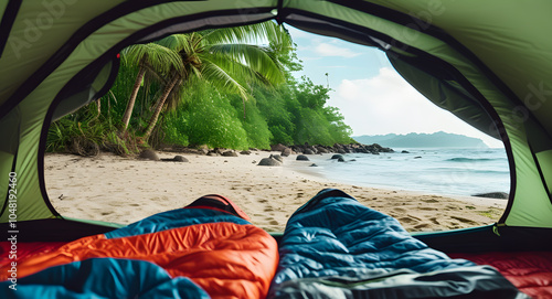 The view from the tourist tent to the wild tropical beach. A thirst for travel and adventure.