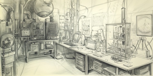 Pencil sketch of a laboratory with equipment.