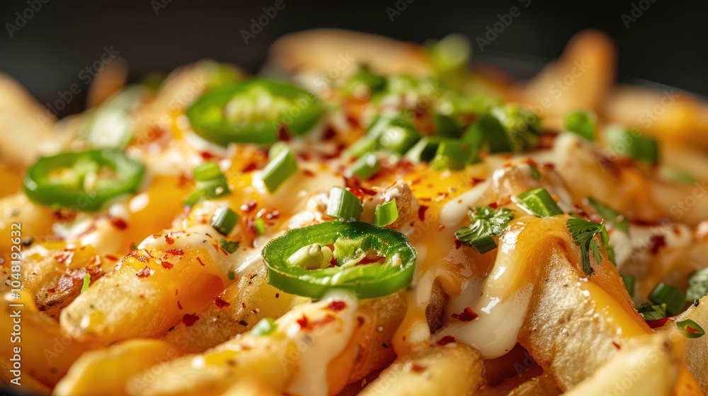 Close-up of Cheesy Fries Topped with Jalapenos, Green Onions, and Spices Close-up of Cheesy Fries Topped with Jalapenos, Green Onions, and Spices