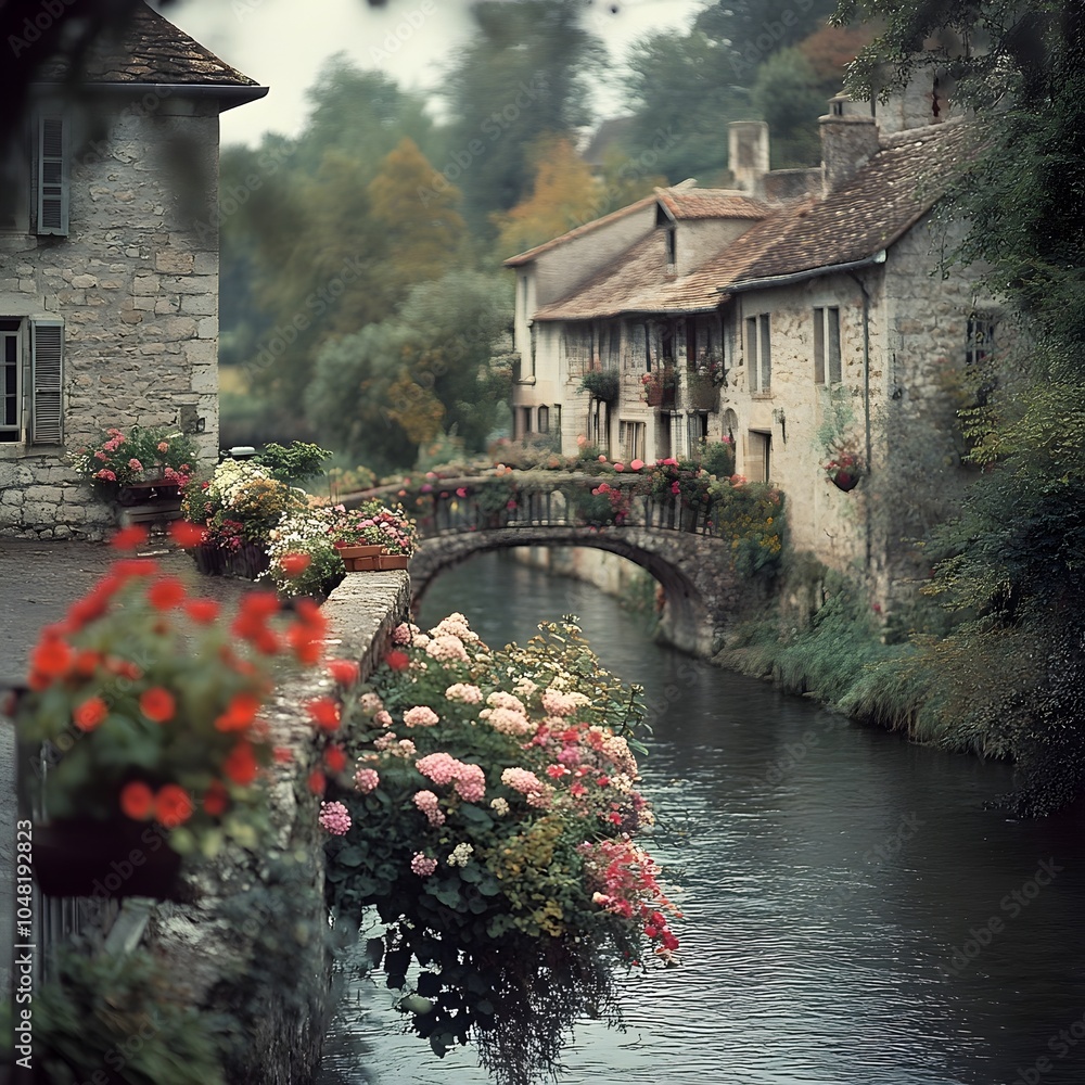 Fototapeta premium Charming Stone Village with Flower Lined Bridge Over Shimmering Riverside
