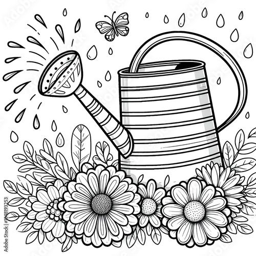 a coloring page featuring a watering can with stripes, sprinkling water on flowers