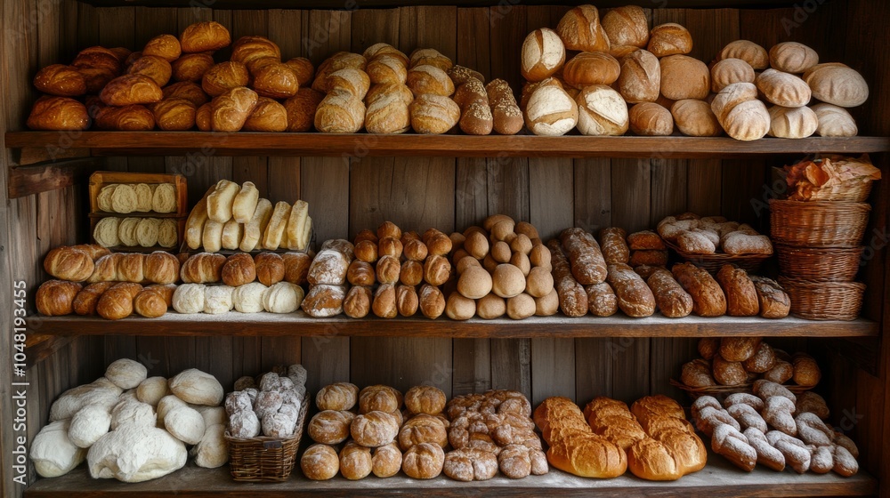 Variety of freshly baked bread on display Variety of freshly baked bread on display