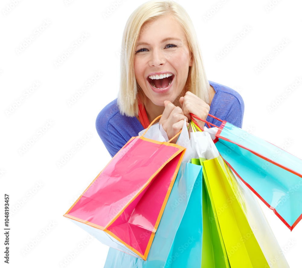 Excited, shopping and studio portrait of woman with smile, fashion sale or discount offer at store. Giveaway, girl and happy customer with paper bag for retail product at boutique on white background Excited, shopping and studio portrait of woman with smile, fashion sale or discount offer at store. Giveaway, girl and happy customer with paper bag for retail product at boutique on white background