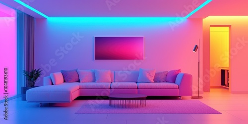 A modern living room featuring a stylish couch, vibrant LED lighting, and minimalist decor, creating a cozy yet sleek atmosphere.