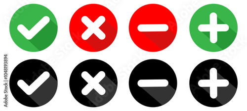 Set of flat square check mark, X mark, plus sign and minus sign icons, buttons isolated on a white background.