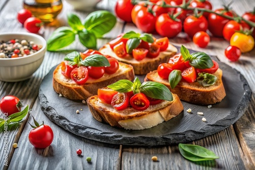 Delicious Bruschetta with Basil Leaves and Cherry Tomatoes on White Basalt Board for Food Photography