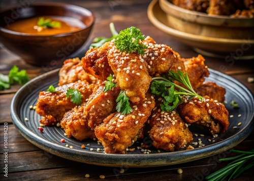 Delicious Fried Chicken Wings with Sesame Seeds and Sauce on a Plate in a Restaurant Setting