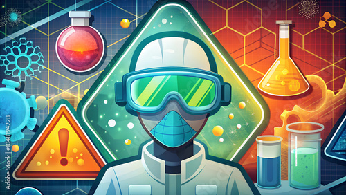 Stylized scientist in protective gear surrounded by laboratory glassware and colorful reagents