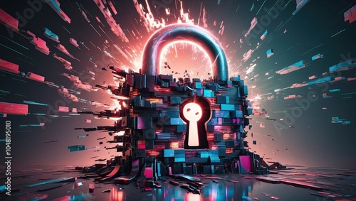 A glitchy, amorphous, and distorted digital security padlock background