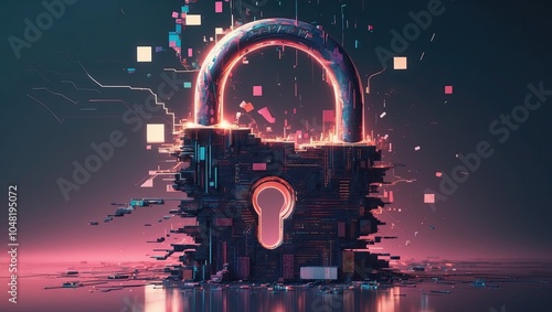 A glitchy, amorphous, and distorted digital security padlock background