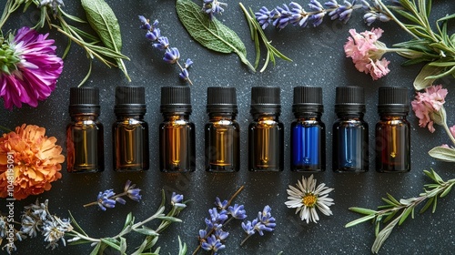 A flat lay of essential oils promoting tranquility, arranged with soft textures, flowers, and gentle lighting for a calming effect.