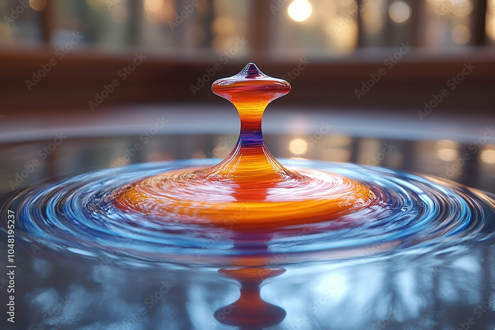 A colorful droplet creates ripples on the water's surface, showcasing vibrant hues and intricate patterns. A colorful droplet creates ripples on the water's surface, showcasing vibrant hues and intricate patterns.