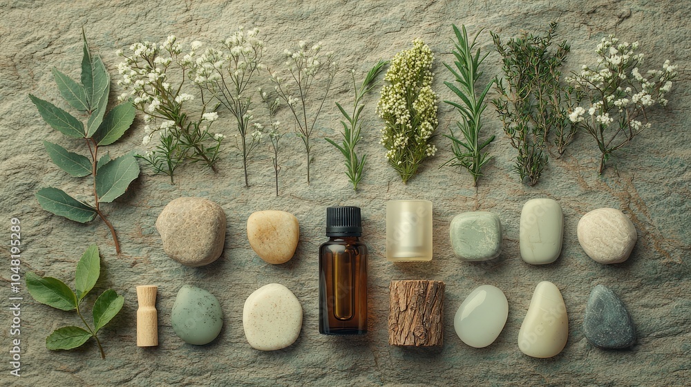 A flat lay of grounding essential oils, arranged with natural elements like stones, wood, and plants for a connection to nature. A flat lay of grounding essential oils, arranged with natural elements like stones, wood, and plants for a connection to nature.