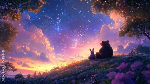 A serene scene of a bear and a rabbit gazing at a starry sky during sunset.