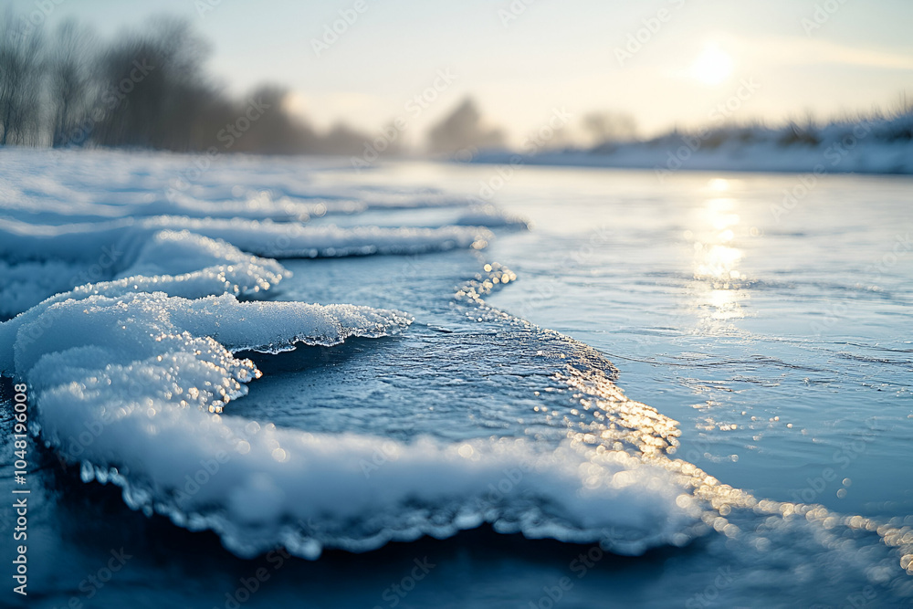 A serene winter scene featuring icy, textured snow along a frozen river, reflecting soft sunlight in a tranquil landscape. A serene winter scene featuring icy, textured snow along a frozen river, reflecting soft sunlight in a tranquil landscape.