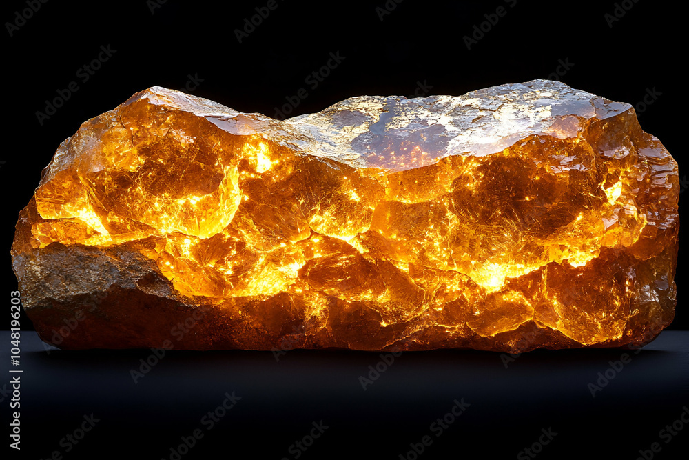 A glowing amber crystal rock, showcasing intricate textures and vibrant colors, creating an enchanting and natural appearance. A glowing amber crystal rock, showcasing intricate textures and vibrant colors, creating an enchanting and natural appearance.