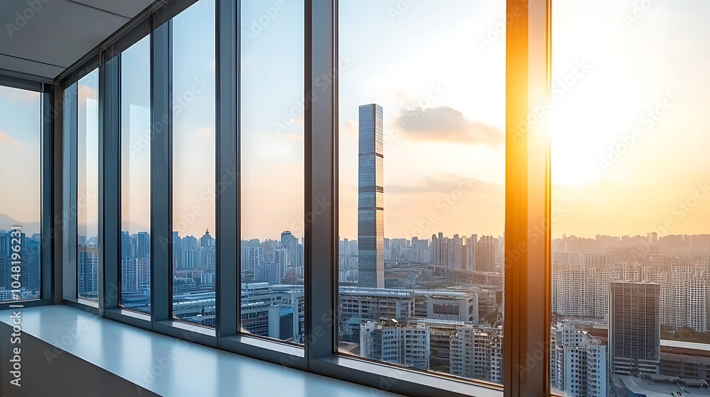 Breathtaking cityscape at sunrise a stunning view through floor-to-ceiling windows showcasing urban architecture and vibrant skies Breathtaking cityscape at sunrise a stunning view through floor-to-ceiling windows showcasing urban architecture and vibrant skies