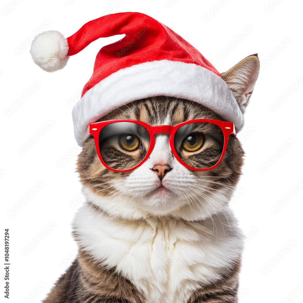 A cat wearing a Santa hat and red glasses. A cat wearing a Santa hat and red glasses.