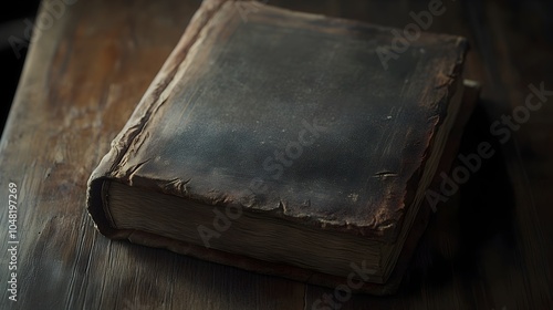 Weathered Leather Bound Book Revealing Scholarly Wisdom on Aged Wooden Table