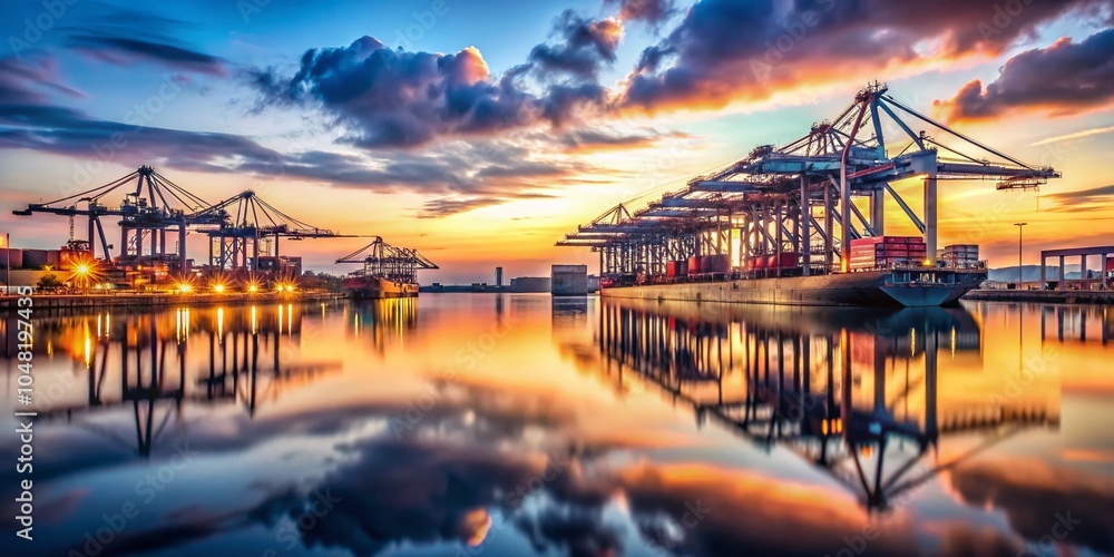 Double Exposure of Eurogate Container Terminal at Dusk in Hamburg Harbor Double Exposure of Eurogate Container Terminal at Dusk in Hamburg Harbor