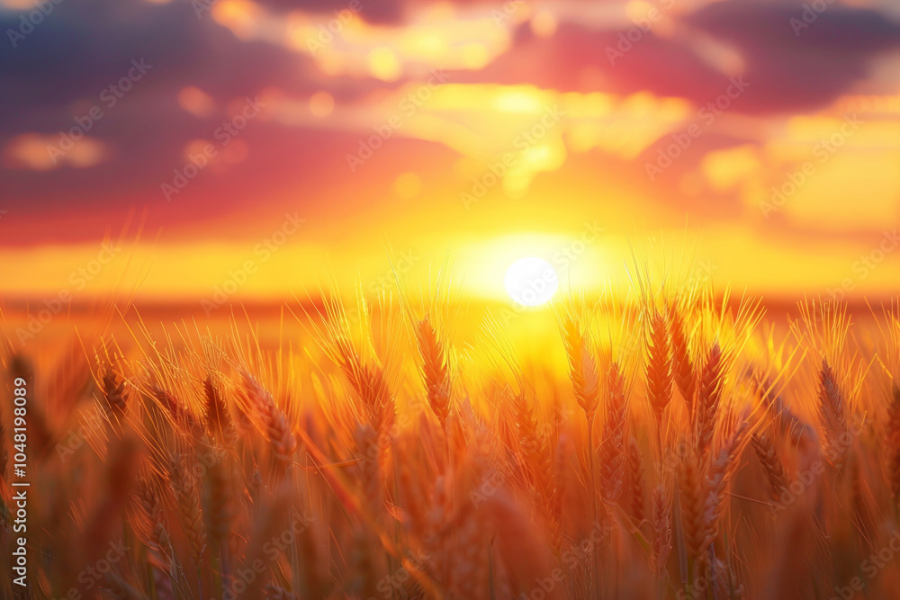 A field of golden wheat with a bright orange sun in the sky A field of golden wheat with a bright orange sun in the sky