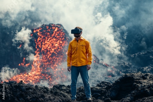 man in virtual reality glasses stands in the middle of seething volcano