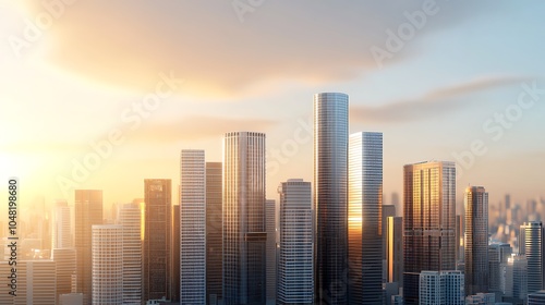 Stunning urban skyline at sunrise a majestic view of modern skyscrapers bathed in golden light