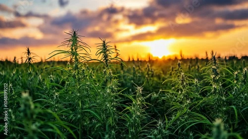 A field of hemp plants in the late afternoon, with the sun setting behind them