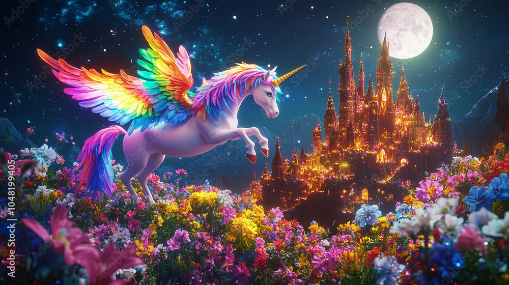 Cute magic rainbow unicorn in fantastic world kid's dream background Cute magic rainbow unicorn in fantastic world kid's dream background