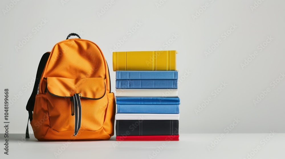 Orange Backpack and Stacked Books on a White Tabletop Orange Backpack and Stacked Books on a White Tabletop