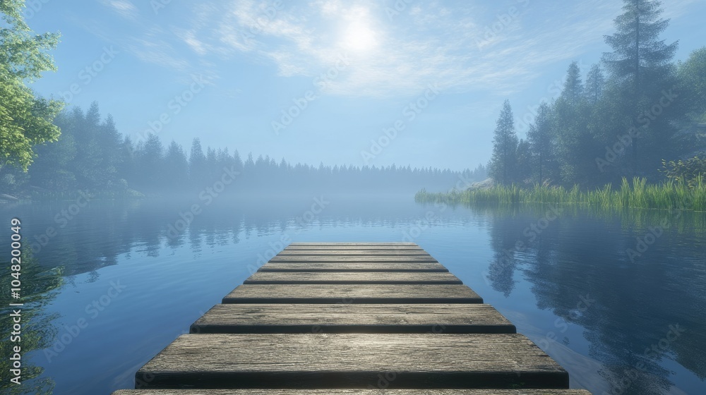 A simple wooden platform stretching into a quiet lake, with soft reflections on the water and a clear sky above.